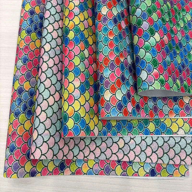 

Fish Scale/Mermaid Printed Rainbow Colorful Fine Glitter Faux Leather Fabric Sheet for Making Shoe/Bag/Hair Bow/Crafts