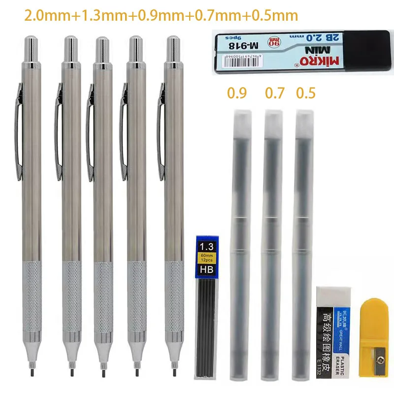

High Quality Metal Mechanical Pencil 0.5/0.7/0.9/1.3/2.0mm Drawing Automatic Pencil Send 2 Pencil Lead For School Supplies