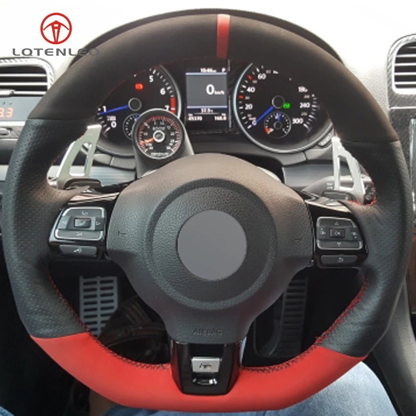 Оплетка на руль LQTENLEO из натуральной замши черного и красного цвета для Volkswagen Golf 6