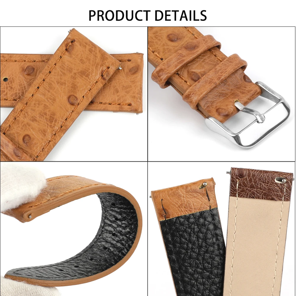 New Genuine Leather Retro Ostrich Pattern Watchbands18mm 20mm 22mm 24mm Black Coffee Brown Yellow Matte Leather Watch Strap