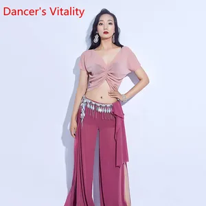 Новинка, костюм для восточных танцев, женский костюм для танца живота, сексуальный серебристый Топ с короткими рукавами, длинные брюки, танцевальный костюм для соревнований