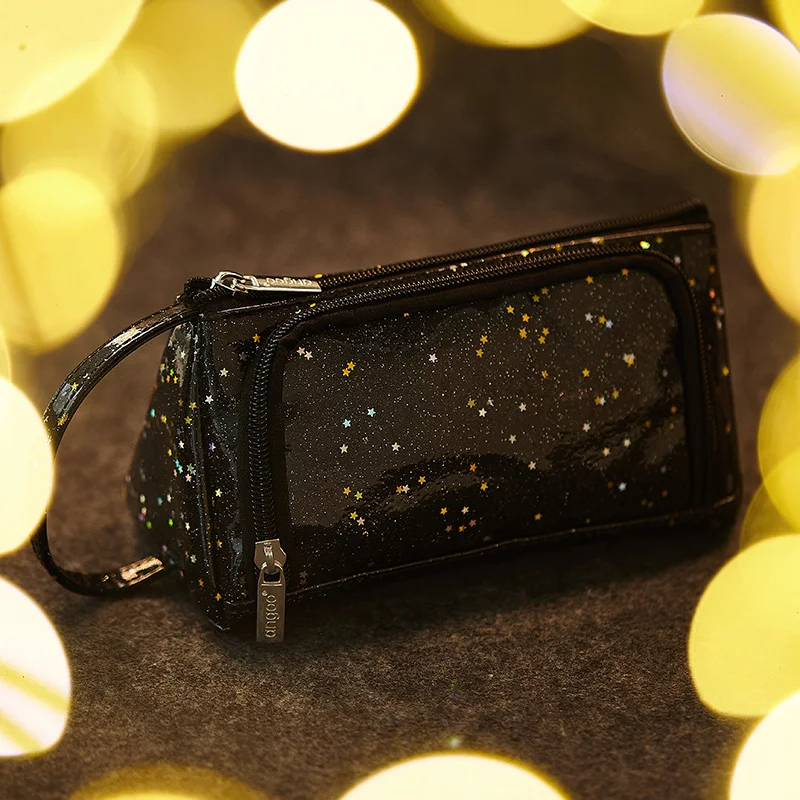 Большой кожаный черный пенал школьная роскошная сумка для карандашей косметичка