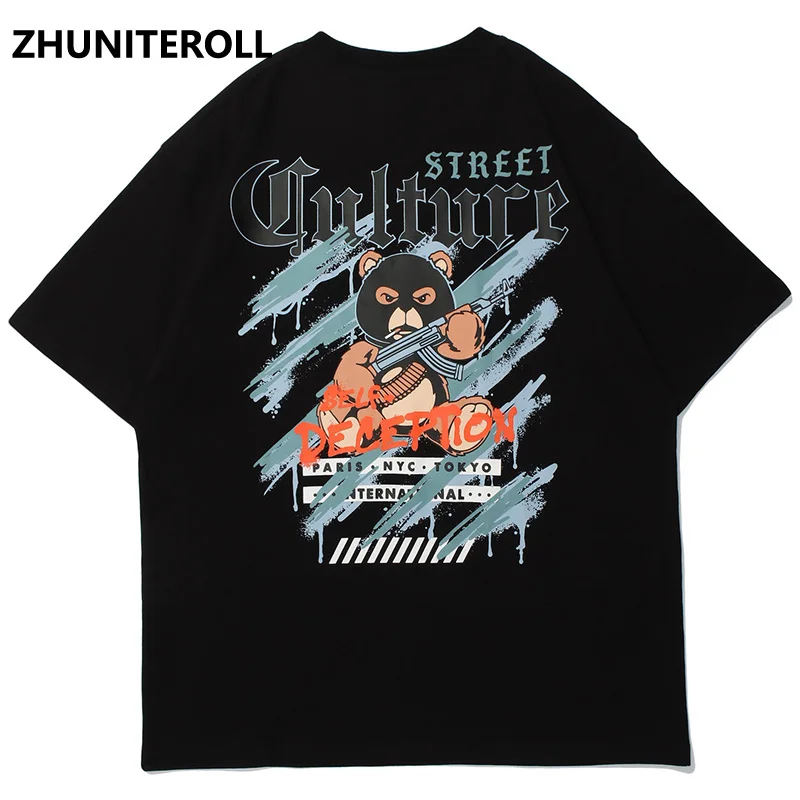 

Harajuku 2021 Fashion Tshirts Hip Hop Funny Bear Cartoon Print Short Sleeve Casual Cotton Black T-Shirts Streetwear Tees Tops