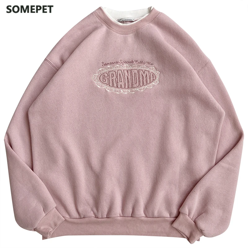 

Spring Women Pink Sweatshirt Letter Embroidery Thickening 2 In 1 Pullovers Tops