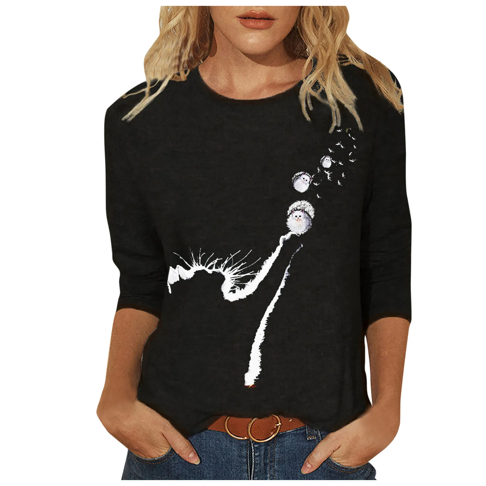 

Women Casual Long Sleeve Cat Printing O-neck Shirt Blouse Top
