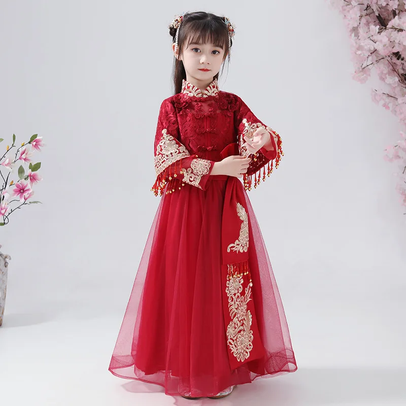 

New Year Outfits Red Chinese Traditional Girls Party Dress Children Perform Costumes Cosplay Cute Lace Hanfu Photography