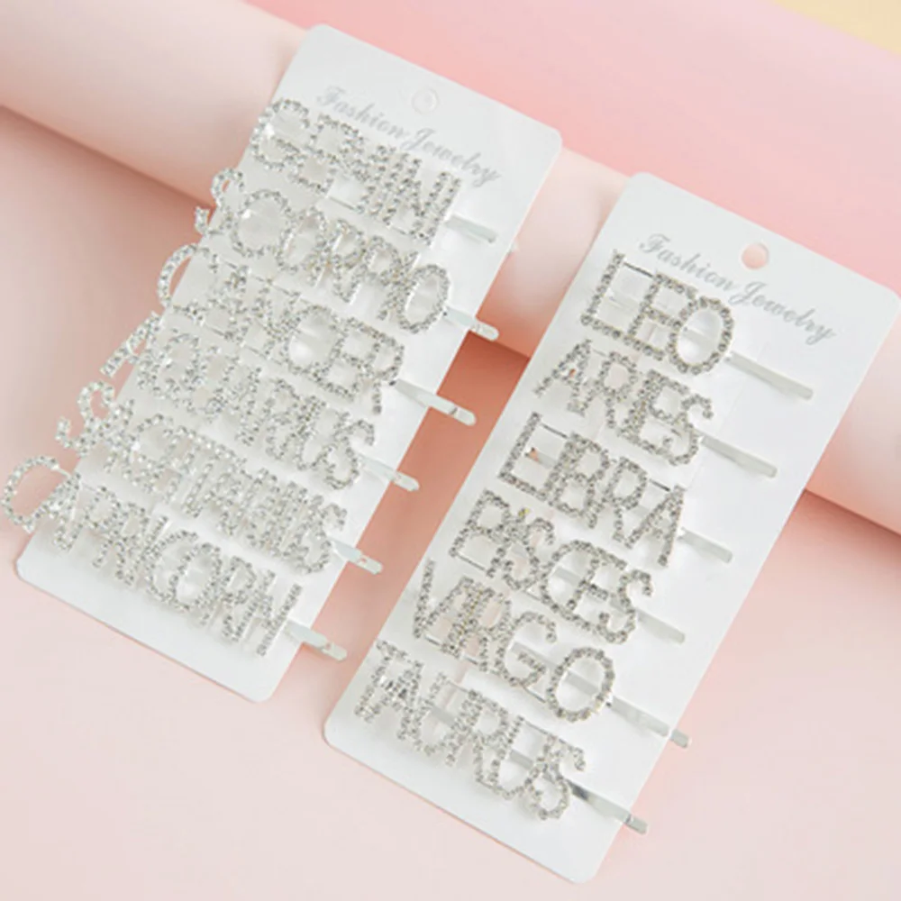 

12pcs/set Zodiac Hair Pins Crystal Shiny Rhinestone Word Letters Hair Clips Bling Hair Accessories