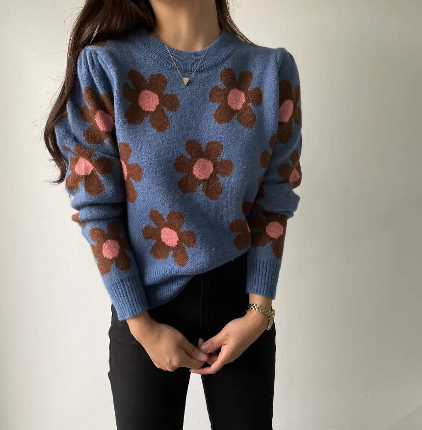 

Women Sweater Korean Autumn Winter All-match Contrasting Color Flower O Neck Pullovers Loose Long-Sleeved Knitted Tops