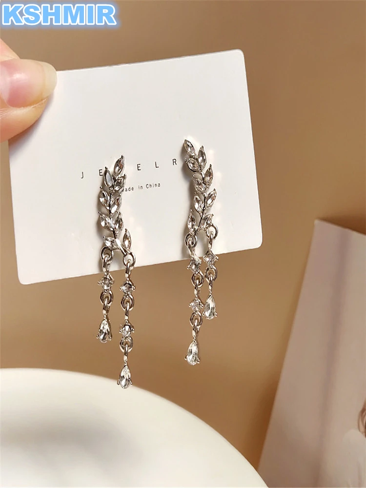 

Kshmir temperament with diamond leaf earrings fashion long tassel earrings personality female trend 2021 new earrings