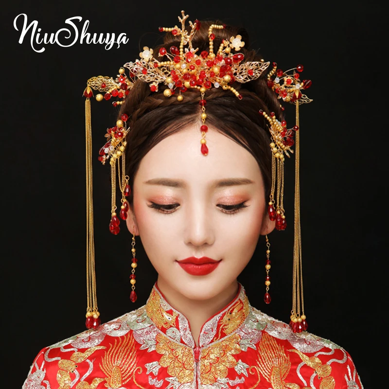 

NiuShuya Traditional Chinese Bride Headdress Costume Hairclips Floral Hairpin Wedding Hairwear photography Hair Stick Accessory