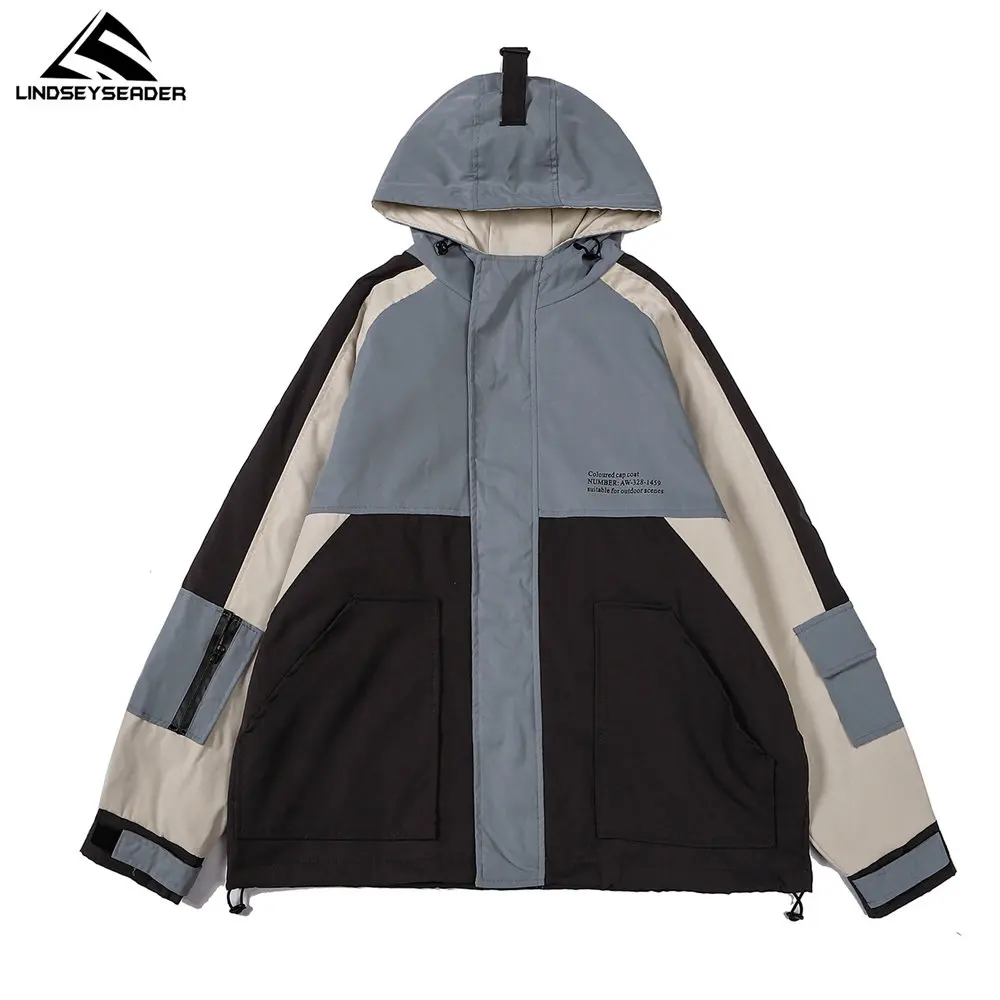 

Hooded Jacket Men Patchwork Color Blocks Streetwear Harajuku Baseball Jacket Autumn Cotton Windbreaker Zipper Coat Clothing