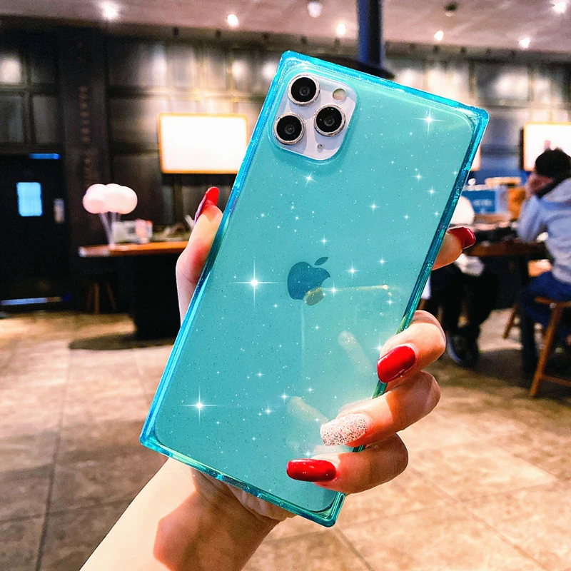 

Square Glitter Powder Transparent Phone Case For iPhone 12 Pro Max 11X XS XR Mini 7 8 Plus 6 6s SE 2020 Fashion Clear Soft Cover