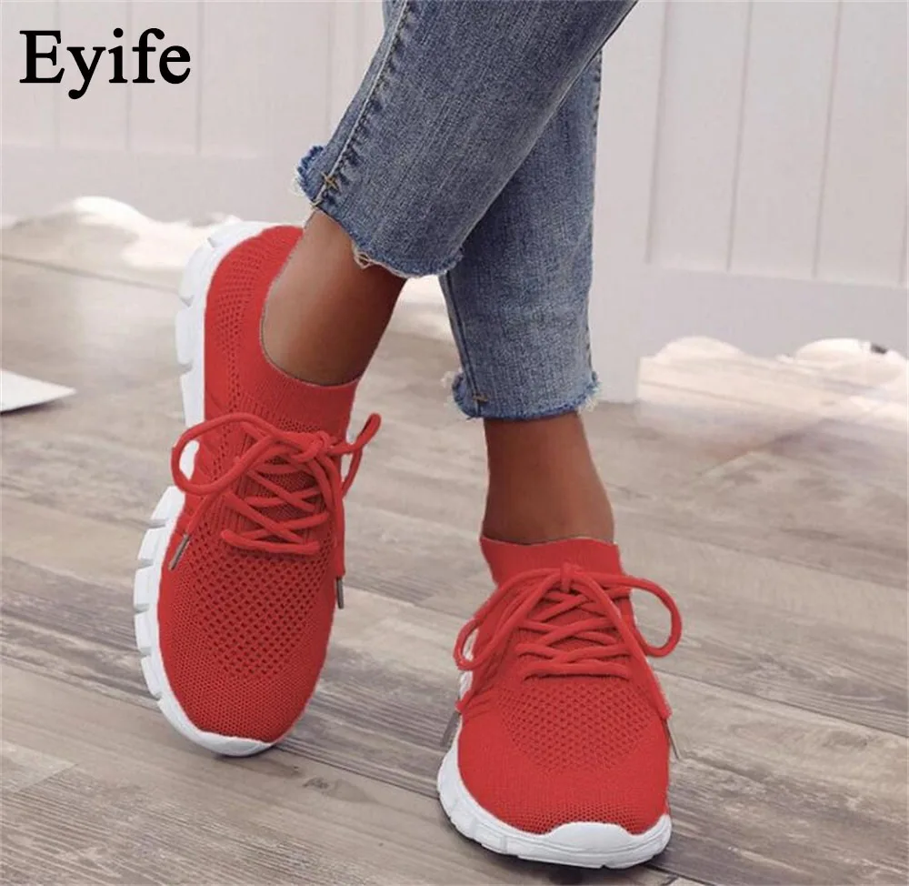 

Larged-Size Flats 2021 Spring Summer New Mesh Breathable Lace Up Ladies Comfy Trendy Sneakers Knitted Fabric Female Casual Shoes