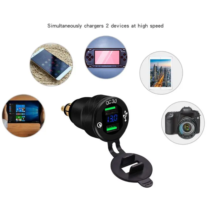 

Good New 12V Motorbike Hella Din Aluminum QC3.0 Dual USB Fast Charger LED Voltmeter for BMW Triumph Tiger for Ducati Motorcycle