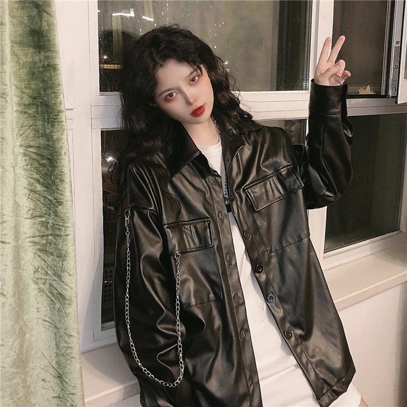 Japanese Casual Women Loose Leather Moto Jacket Outerwear Korean High Street Coat Chic Streetwear Long Sleeve Black Leather Tops