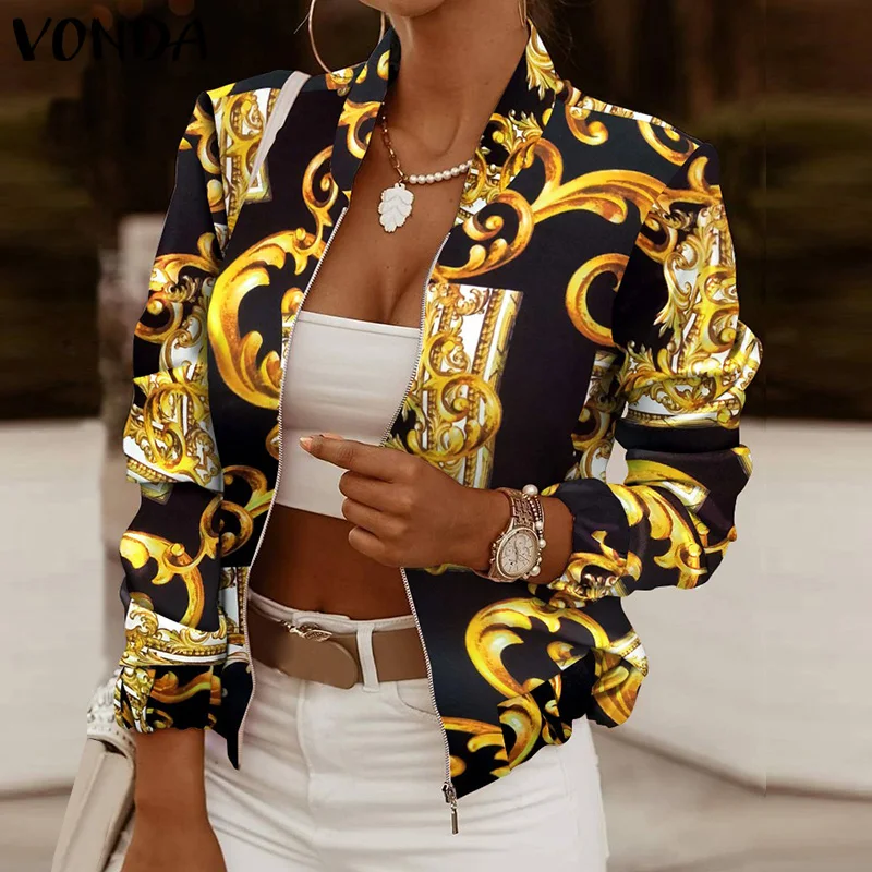 

Women Jackets 2021 VONDA Vintage Printed Zipper V Neck Casual Coats Long Sleeve Pleated Jackets Veste Femme Oversized Coats