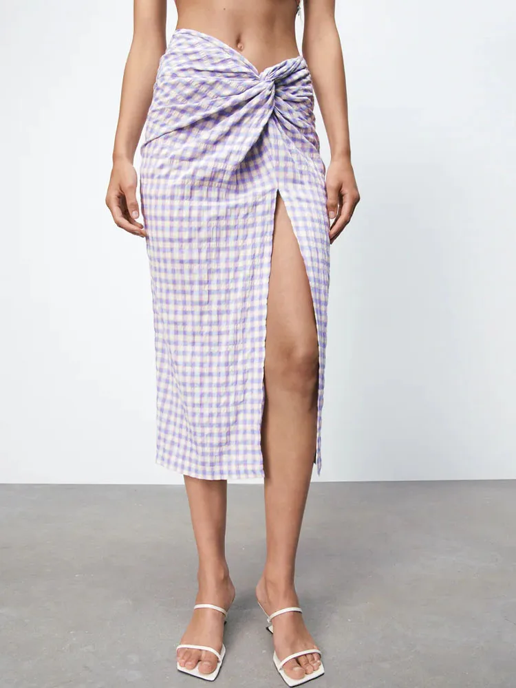 

new female temperament self-cultivation all-match sweet and gentle wind high waist bag hip knot split small plaid skirt