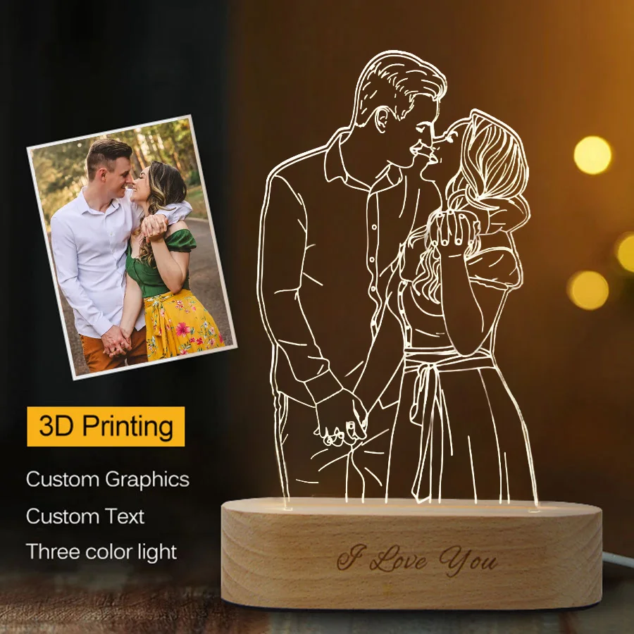 

Ночник 3D с текстом под заказ, светодиодный светильник «сделай сам» с USB и деревянной основой, для свадьбы, праздника, Дня матери, отца