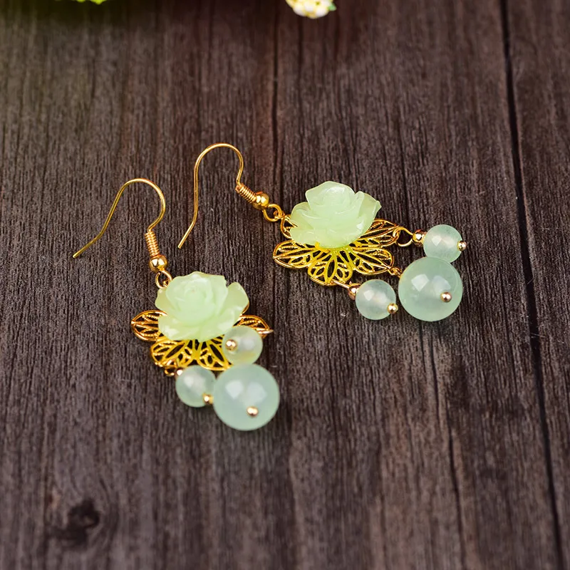 Серьги-подвески с нефритовыми цветами Амулет из халцедона и агата модный