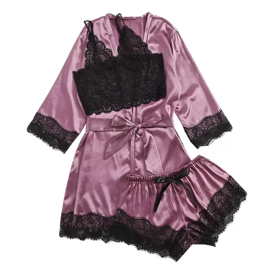

Long sleeve Womens Pajamas Sexy Lace Lingerie Nightwear Underwear Sleepwear 3PC Suit Pajama Sets For Women Pijama Mujer