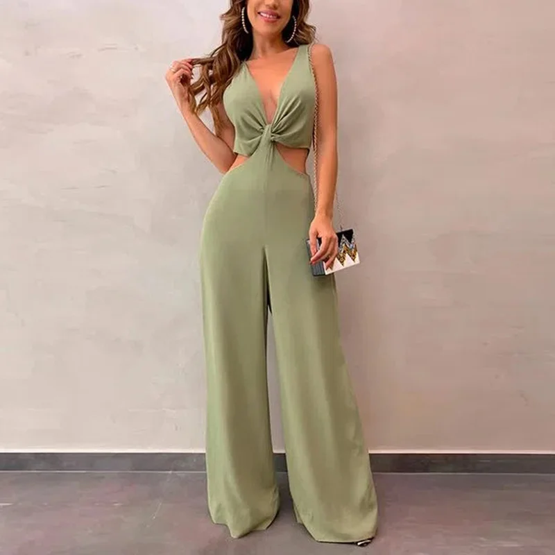 

Women Casual Jumpsuits Summer Solid V-Neck Sleeveless Sexy Hollow Out Overalls Jumpsuit Lady 2021 New Slim Lightly Cooked Style