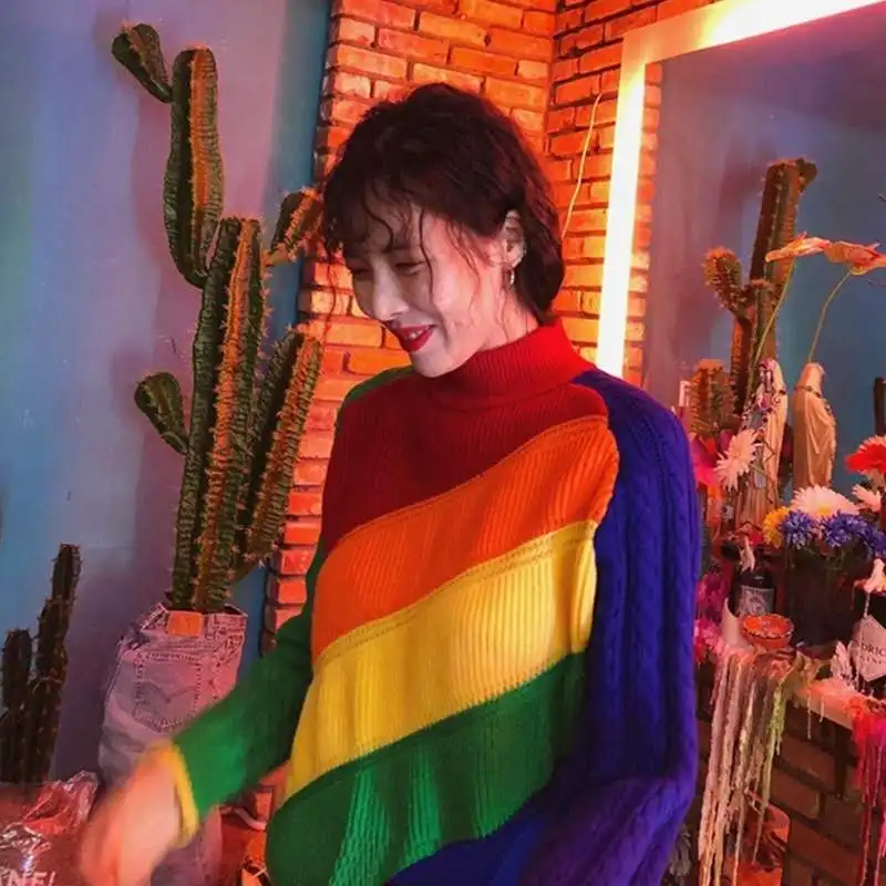 

2021 женский Радужный свитер с круглым вырезом и длинным рукавом