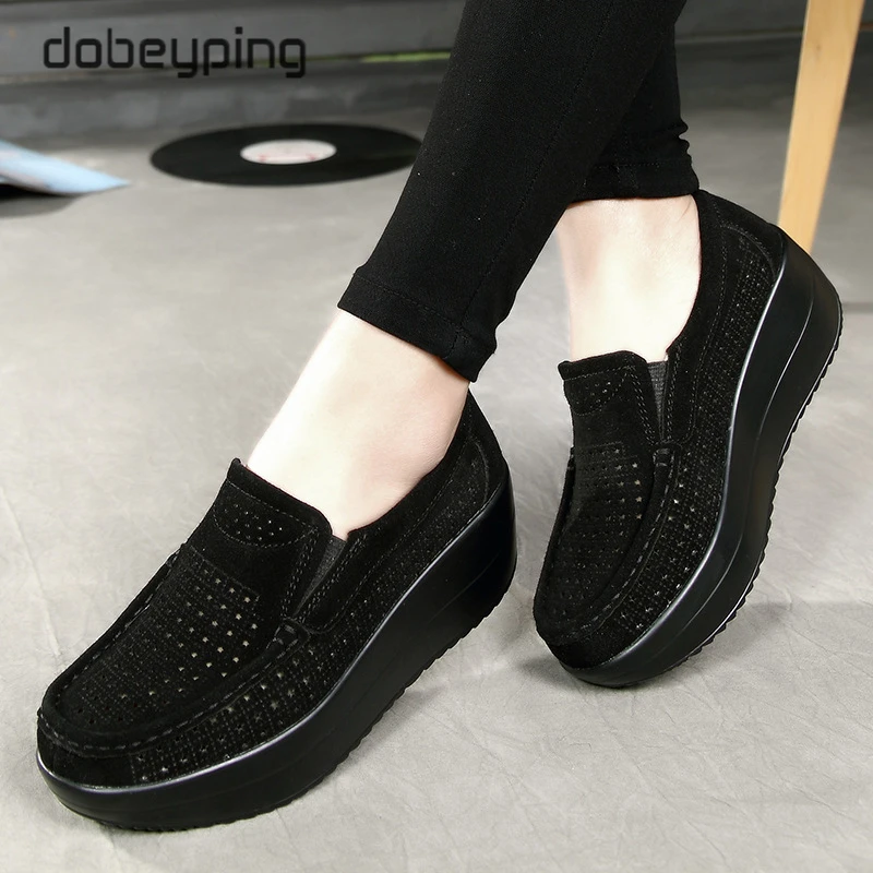 Breathable Summer Women's Shoes Flat Platform Ladies Sneakers Female Hollows Cow Suede Leather Woman Loafers Wedges Slip On Shoe