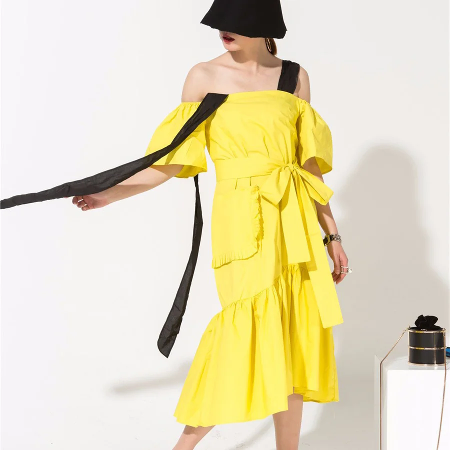 LANMREM 2020 летнее Новое модное женское платье темперамент двойные карманы галстук