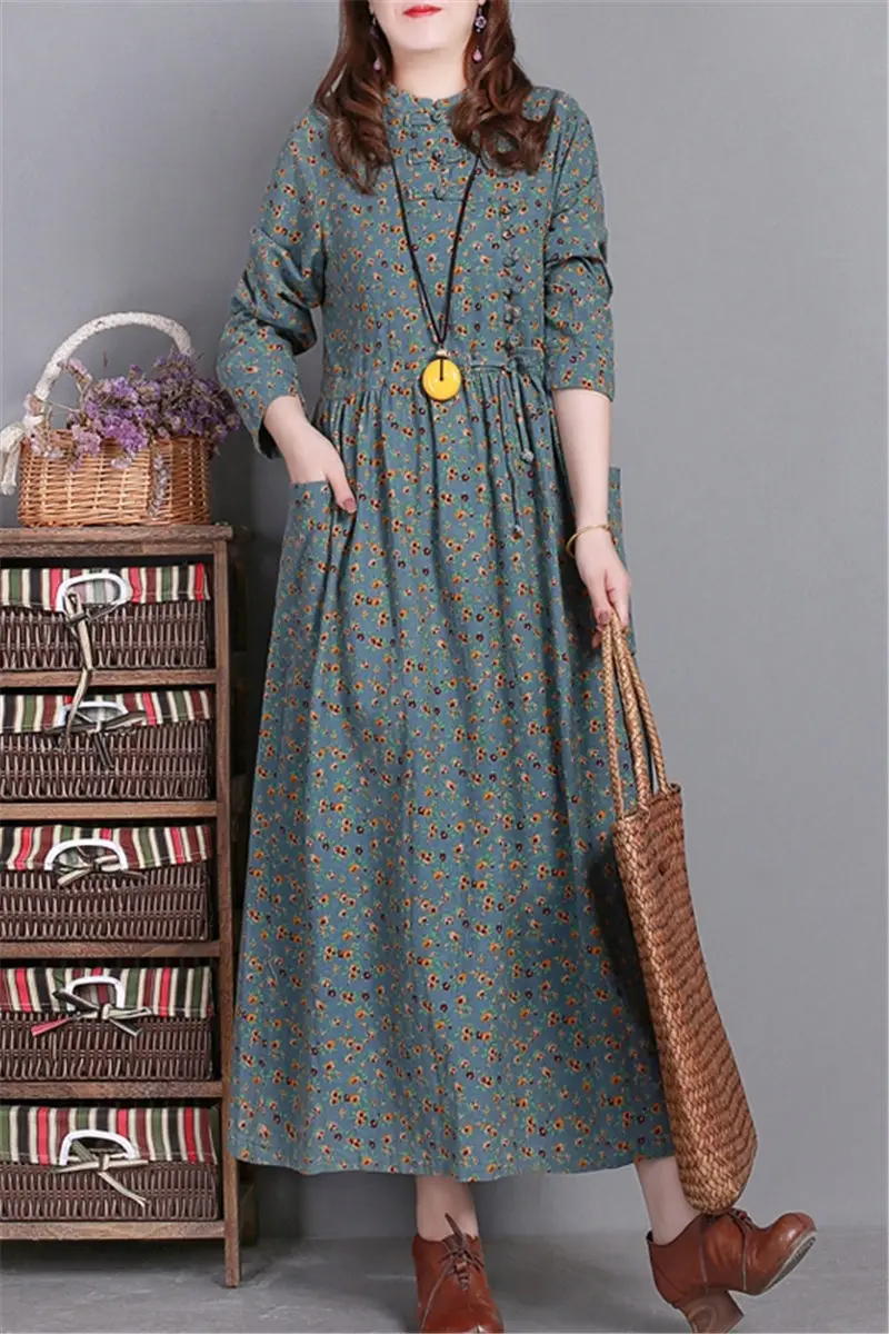 

Autumn Retro Buckle Floral Dress Casual Loose Plus Size Cotton And Linen Long Sleeve Shirt Dress Women Lace Up Slim Vestido y509
