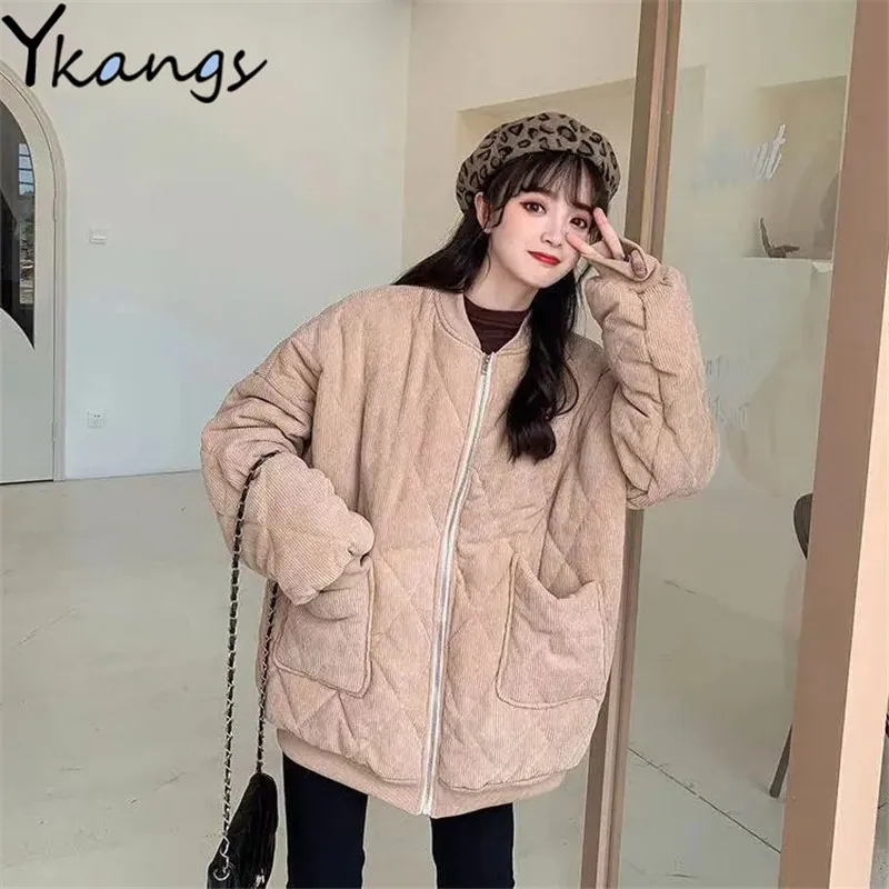 

Korean Fashion Corduroy Women's Baseball Uniform Y2k Loose Round Neck Ladies Winter Jacket New Outdoor Warm Long Sleeves Parkas
