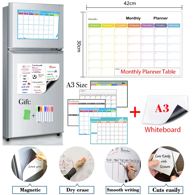 

Monthly Weekly Planner and Whiteboard 2PCS A3 Size Magnetic Dry Erase Fridge Sticker Calendar Table Recipe Plan Message Board