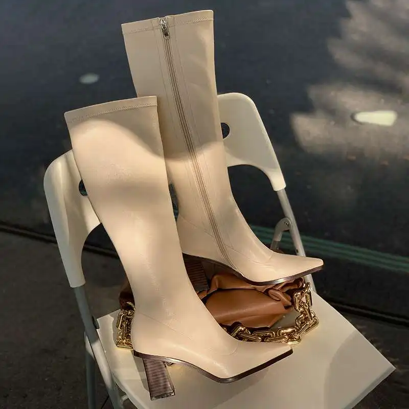 

Krazing pot new small square toe high heel winter shoes keep warm Korean style young lady streetwear elegant knee-high boots L73