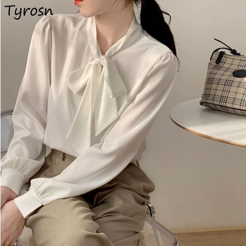 

Blouse Women Elegant Solid Tender French Style Retro Bow Fashion Draped Cozy Chiffon Single Breasted Shirts All-match Mujer Chic