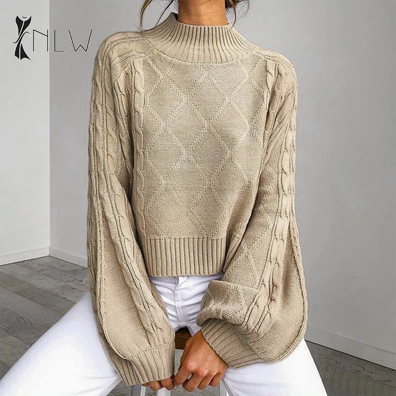 NLW Turtleneck Black Sweater Women Winter Oversized Knitted Sweater Jumper Fall Casual Lantern Sleeve Vintage Sueter Mujer