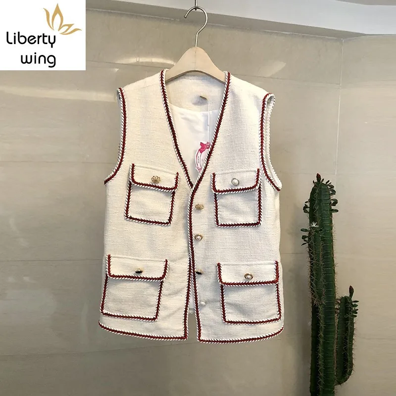 Женский твидовый жилет без рукавов однобортный приталенный в европейском стиле