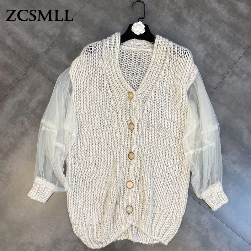 

ZCSMLL Fall 2021 V-neck and yarn bubble long-sleeved gold thread single-breasted coarse knit sweater cardigan trend