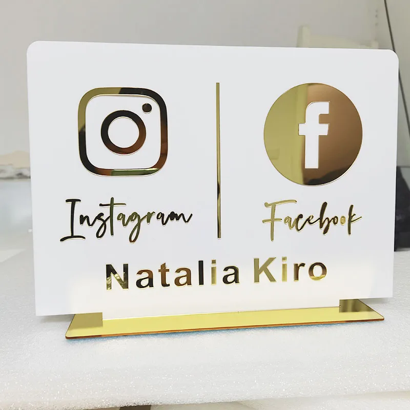 Пользовательский Белый Настольный знак Instagram Facebook персонализированный зеркальный Золотой акриловый лазерный вырез Instagram Facebook магазин знак - изображение