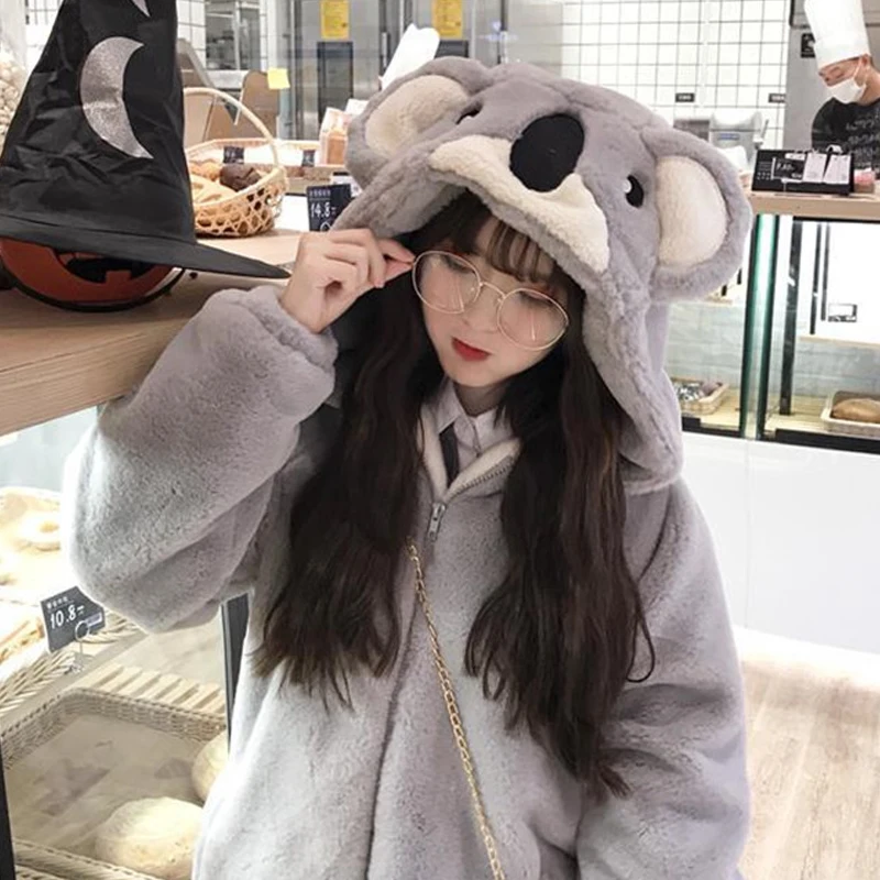 Kawaii Lolita Coat Japanese Soft Girl Cute Koala Ear Hooded Jacket Winter New Warm Faux Fur Zip Up Student Padded Overcoat Women