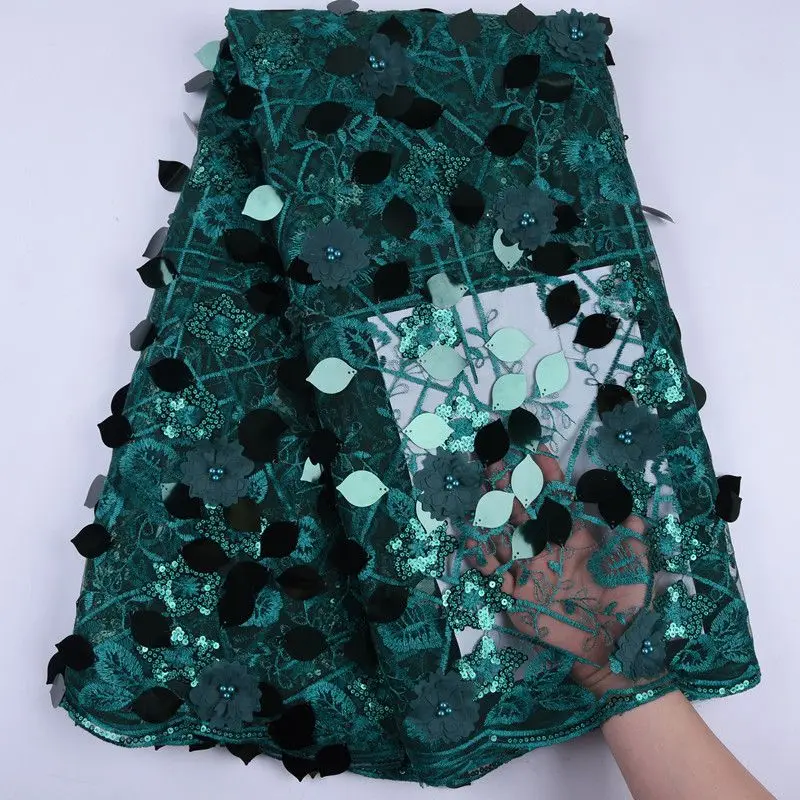 

Newest 3D Flower African Net Lace Fabric With Sequins Classic Green Nigerian French Mesh Lace Fabric For Wedding Sewing S1726