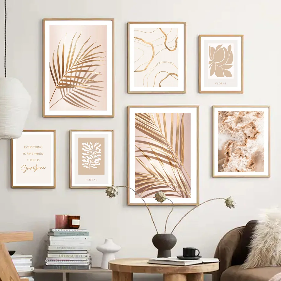 

Wall Art Print Canvas Painting Golden Swirl Palm Abstract Line Flower Sunshine Nordic Poster Wall Pictures For Living Room Decor