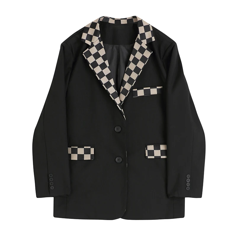 

Autumn And Winter Plaid Stitching Retro Loose Long-sleeve Suit Women Temperament Single-breasted Suit Jacket Female Office Style