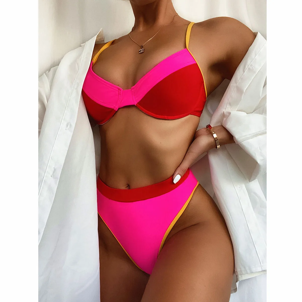 

Bikini Set High Waist Bikinis Push Up Swimsuit Female Patckwork Swimwear Women's Swimming Bathing Suit Sexy Biquini Pink Summer