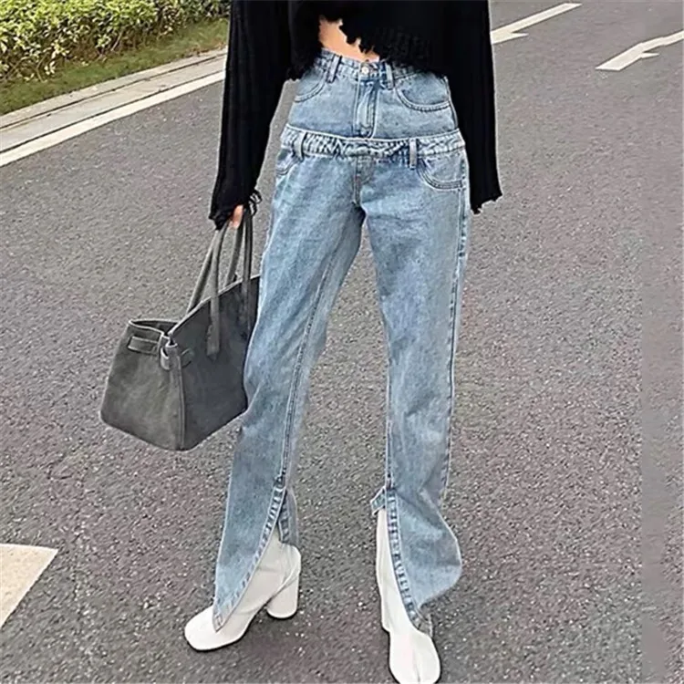 

TVVOVVVIN Весенние новые свободные джинсы с двойной талией, женские модные повседневные широкие брюки с разрезом XDY2