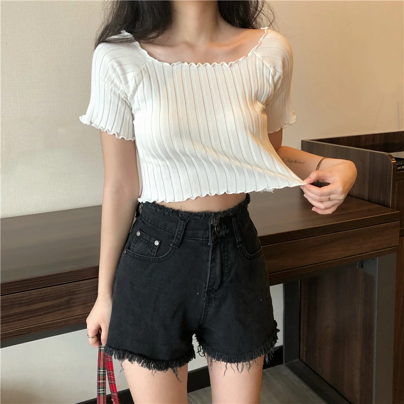 Женский укороченный топ OUMEA ребристый с коротким рукавом вырезом лодочкой и