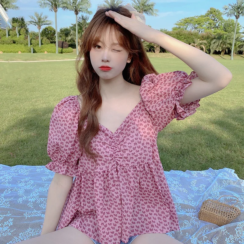 Женская пикантная летняя жаккардовая рубашка в корейском ретро-стиле с