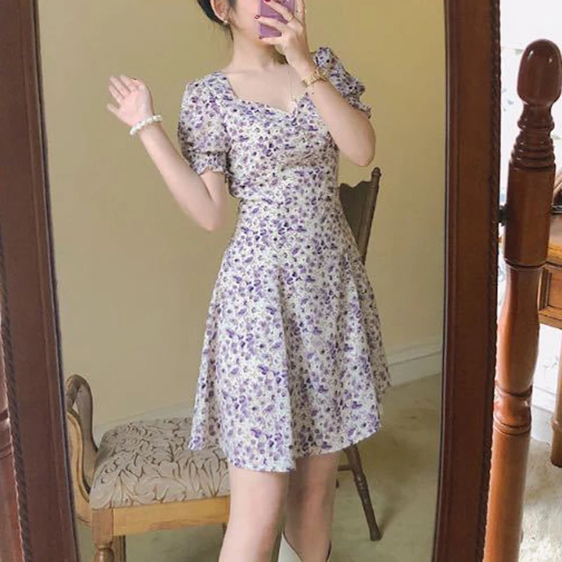 

Summer Retro Floral Dress French Square Collar Puff Sleeve Split Purple Skirt MAEA99