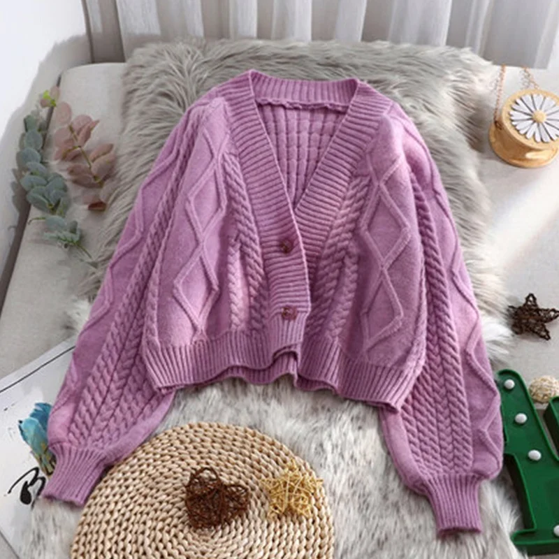 

Knitted Cardigan Women Sweater Korean Lantern Sleeve Female Cardigan Tops Button Autumn Winter Long Sleeve Sweaters Coat 16923