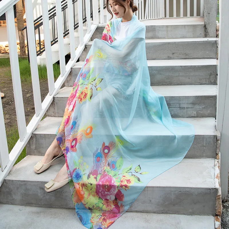 Пляжный шифоновый шарф Женский Летний Шелковый пляжный цветочный принт Saida de