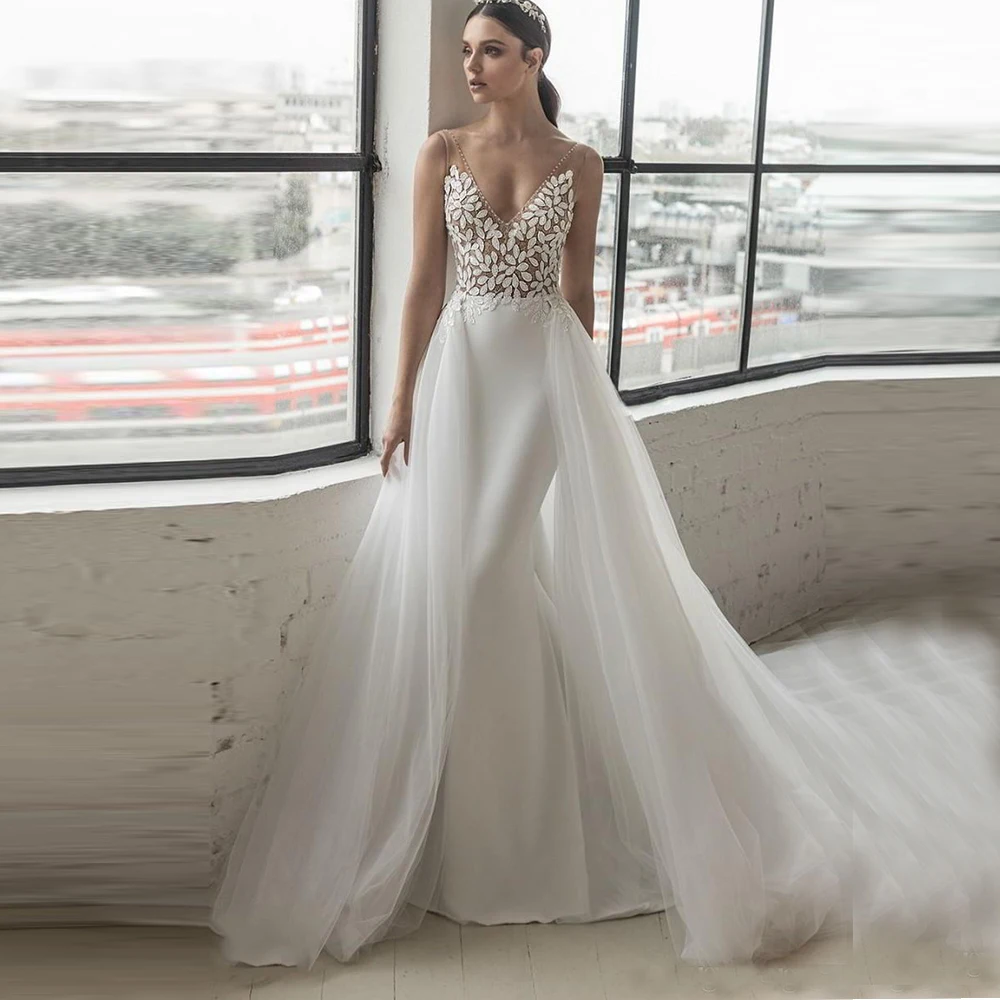 

Sexy Lace Leaves Top Mermaid Wedding Dresses With Tulle Overskrit V Neck Sweep Train Bridal Gown Back Hollow vestidos de fiesta
