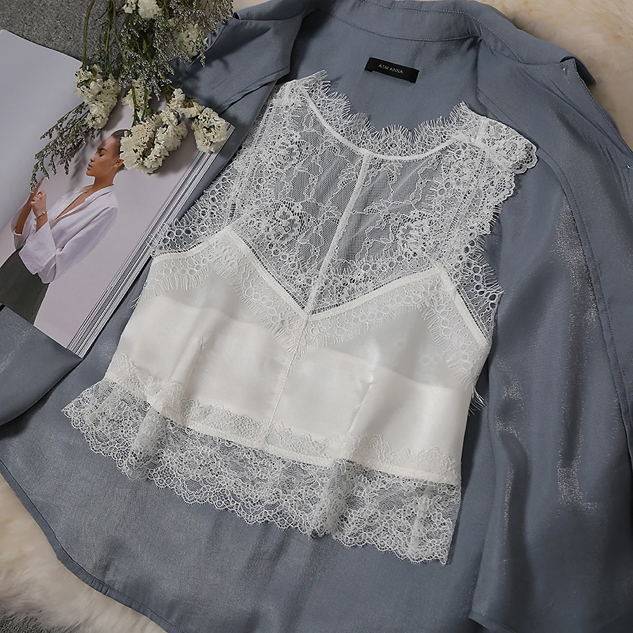 19mm satin lace decorate V-neck  backless sexy lady silk camisole short female summer high-waist navel black white vest  top